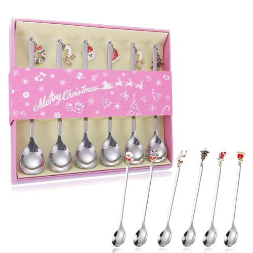 6PCS Besteck Set Latte Macchiato Löffel Silber Besteck Spülmaschinenfest Dessertlöffel Weihnachtsset für Weihnachtsfeier Neujahr Tischdeko