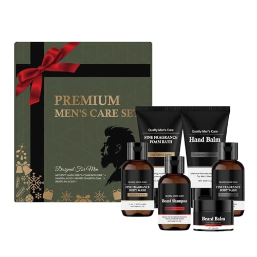 Kit de soins de qualité supérieure pour hommes 6 pièces – Gel douche, gel douche moussant, crème pour les mains, shampooing à barbe et baume à barbe – Coffret cadeau de soins de la peau pour homme