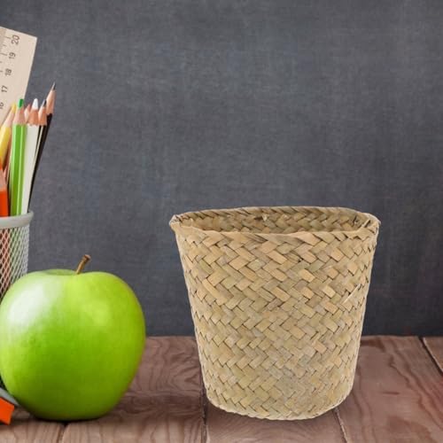 Image of Woven Waste Basket Natural Straw Mini Trash can 4.13 X 4.13 X 3.74 in Small Wicker Wastebasket for Home Organizing Desktop Storage Bathroom Living Room