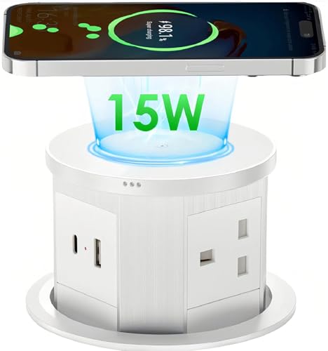 Pop up Socket Pop up Power Sockets with 15W Wireless Fast Charger Safe Touchscreen Automatic Pop up Extension Socket with USB & Type C Port for Home Office Kitchen Worktops Desktop (White)