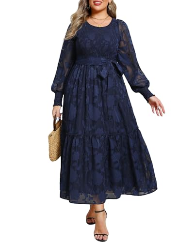 Pinup Fashion Plus Size Fall Dress - 2025 Wedding Guest Long Sleeve Floral Lace Long Dress with Belt