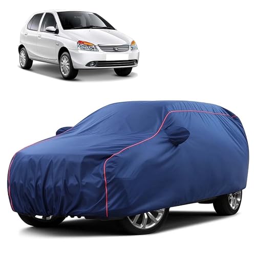 Image of Sulfar 100% Water Resistant Car Body Cover Compatible with Mirror for Tata Indigo (Triple Stitched, Full Bottom Elastic, Blue Taffeta with Red Piping)