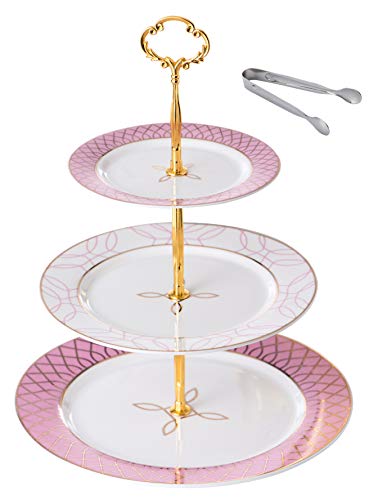 Jusalpha 3-tier Elegant Pink Ceramic Cake Stand/Cupcake Stand/Dessert Stand/Tea Party Pastry Serving Platter/Food