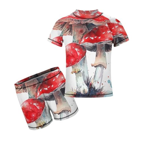 Red Watercolor MushroomsChildren's Casual Swimsuit Set - Simple and Versatile10-12Y（150cm）