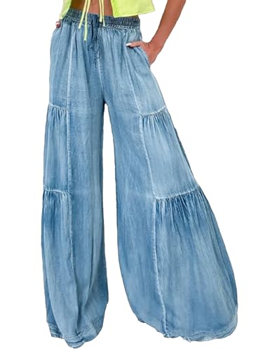 Womens Boyfriend Bell Bottom Wide Leg Jeans Baggy Elastic High Waisted Pleated Flared Denim Palazzo Pants
