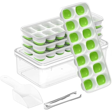 VLM Ice Cube Tray with Lid and Bin, Pack of 4 Silicone Ice Cube Trays for Freezer, Ice Cubes Maker with Storage Ice Bucket Kits, Ice Scoop,Ice Tong for Drinks, Coffee and Baby Food Cover