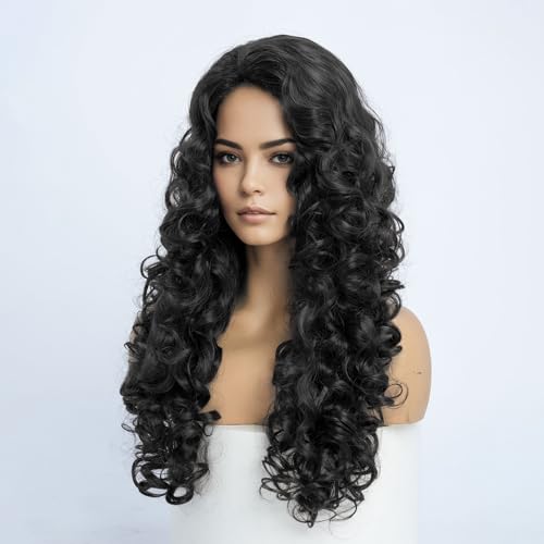 Perücke Schwarze Locken Lang für Frauen Lockige Perücke Schwarz Asiatisch Damen für Karneval Halloween Fasching Cosplay Kostüm Black Long Hair Wig Women (60cm) – Bild 4
