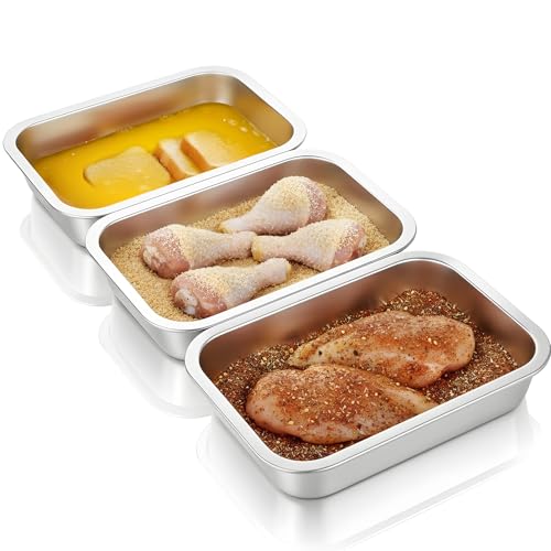 Lyksgir Breading Trays Set 3 Piece Stainless Steel Breading Set Deepen Design for Chicken Breasts Marinating Meat and Prepping Meals | Non-Slip Dishwasher Safe Oven Safe (12.6 x 8.7 x 2.8)