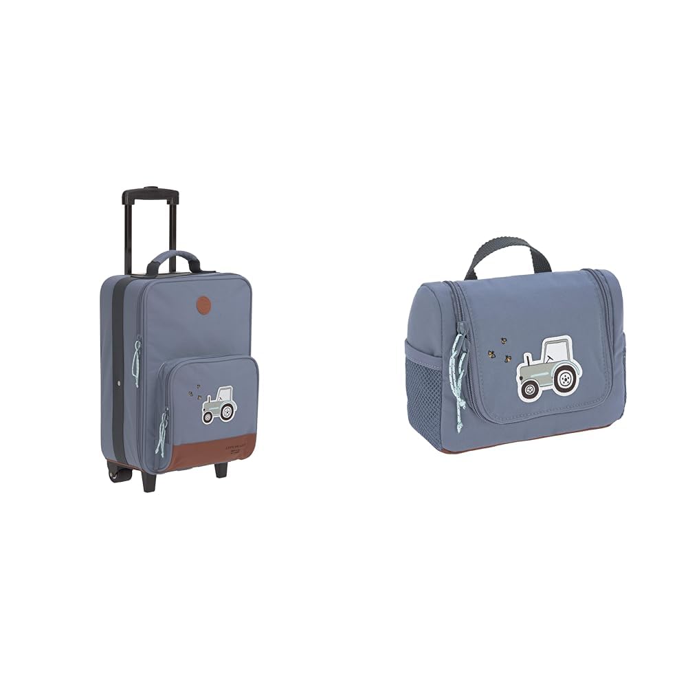 LÄSSIG Kinderkoffer Trolley Reisekoffer mit Teleskopstange und Rollen & Kinder Kulturtasche Waschbeutel Waschtasche Kulturbeutel zum Hängen, 20 cm/Mini Washbag Adventure Tractor