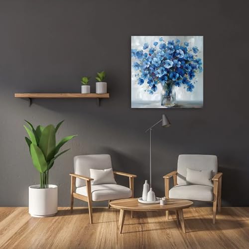 Affiche fleurs bleues et blanches déco salon chaleureux et bureau moderne