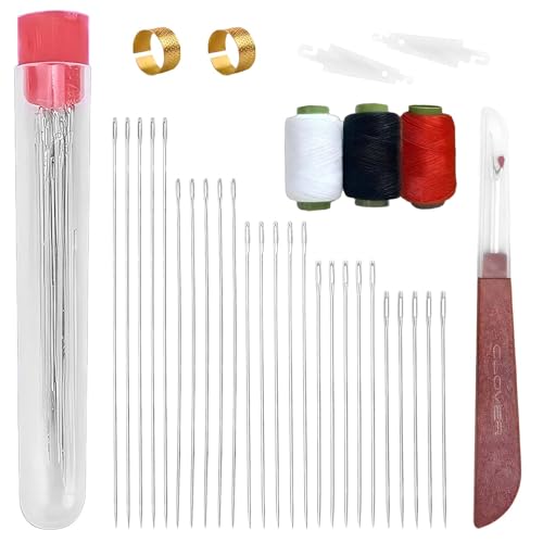 Xanthelle Juego de Agujas de Coser con Descosedor, 25 Agujas de Acero, 2 Dedales, 2 Enhebradores, Hilo Negro, Blanco, Rojo – Kit de Costura Compacto para el Hogar y Viajes