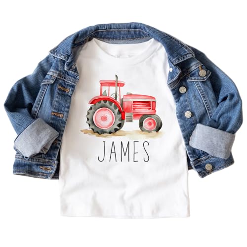 Personalized Tractor Toddler Shirt - Cute Custom Name Farmer - Red Farm Tractor Tee - Boho Natural Kids Shirts2