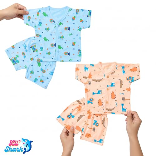 Image of Lil' Shark Baby Cotton T-Shirt & Shorts Set | 100% Pure Cotton Summer Wear for Baby Boys & Girls | Soft, Breathable Infant Casual Outfit | Printed T-Shirt with Shorts Set