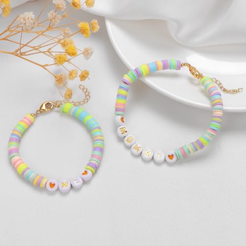 Image of Back To School Gifts for Mom and Daughter Mama and Mini Braclets First Day of School Mommy and Me Bracelet Heart Clay Bead Bracelets