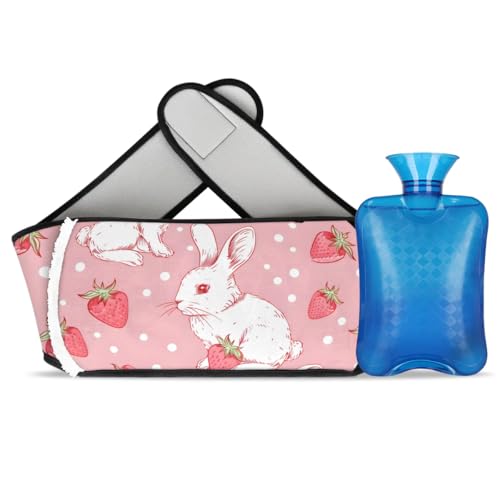 Hot Water Bag with Waist Cover Rabbit Strawberry Warm Hot Water Bottle Belt Plush Double Hand Insert Wearable Water Bag Detachable Hot Bottle Pouch for Neck Shoulder Pain Relief