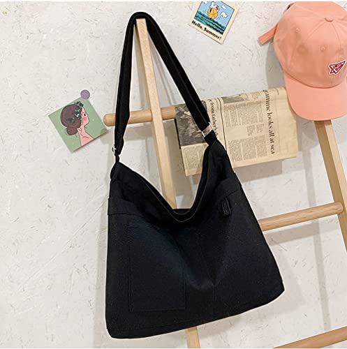Image of Cotton Tote Handbag Women Canvas Crossbody Beach Bag Hobo Shoulder Tote Bag with 3 External Pocket,Zipper Closure