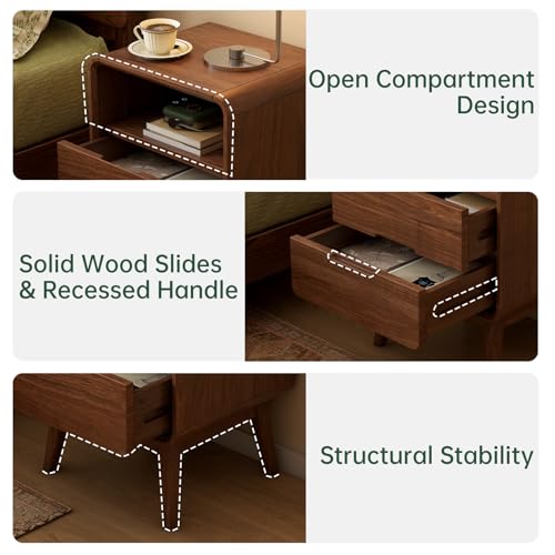 Vadisun Walnut Nightstand Solid Wood Night Stand, Dark Wood Nightstands with 2 Drawers and Open Shelf, Mid Century Modern Nightstand, Wooden End Table, Walnut Bedside Table for Bedroom(23.23\" H)