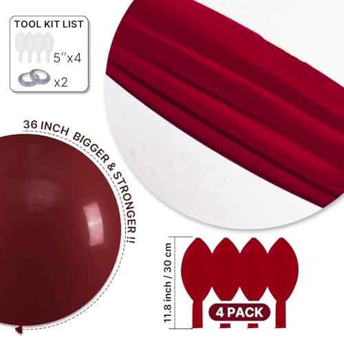 Image of PartyWoo Burgundy Balloons 4pcs 36 Inch Dark Red Maroon Ruby Red Latex Helium Balloons for Graduation Valentine's Day Wedding Anniversary Casino Citizenship Christmas Party Decorations Red-Y75