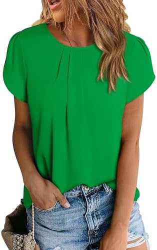 PRETTYGARDEN Women's Tops 2025 Casual Summer Round Neck Short Sleeve Basic Pleated Loose Fit Blouses Plain Tunic Shirts