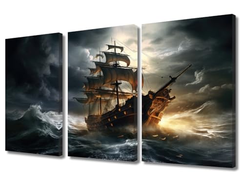 Canvas Art Wall Decor Seascape Bedroom Wall Art Pictures for Living Room Pirate Ship Braves Crashing Waves Wall Painting Modern Wall Art Sailboat Nautical Stretched and Framed Ready to Hang 36x24 in