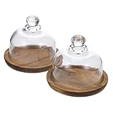 Mobestech 2 Stück Kuchenschale mit Glasabdeckung Kuchenhalter Butterdose aus Glas mit Deckel Etagere mit Kuppel tortenständer mit deckel Kuchen Behälter Kuchenstand hölzern