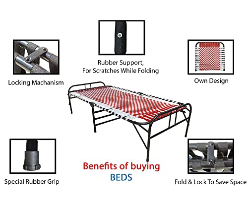 Image of Folding Bed | 1 Year Warranty | Portable Single Bed | 3X6 Feet Bed Size | Strong Iron Steel Metal Frame Pipe | Bed for Sleeping Guest, Easily Storable (Synthetic Stripe, Red)