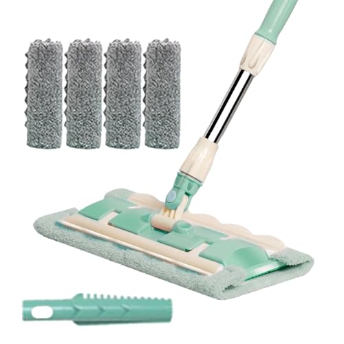 Mopa plana de microfibra para limpieza de suelos, mopa plana y seca húmeda, fregona para limpieza, fregona de polvo reutilizable con 4 almohadillas de lavado, mango telescópico, 360 grados giratorio