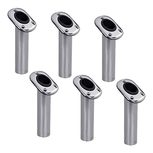 White Water 57738S-6PK Marine Stainless Steel 30° Flush Mount Fishing Rod Holders – Heavy Duty with Black PVC Liner, UV-Resistant, Oblong Base, for Boats & Decks (6 Pack)