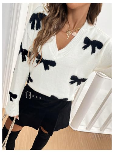 Women's Bowknot Sweater V Neck Long Sleeve Drop Shoulder Knit Pullover Tops Knitwear3