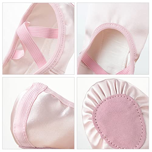 Foto von Soudittur Kinder Ballettschuhe Rosa Satin Geteilte Ledersohle Tanzschuhe Ballettschläppchen für Mädchen Damen in EU 33(Bitte wählen Sie eine Nummer größer)