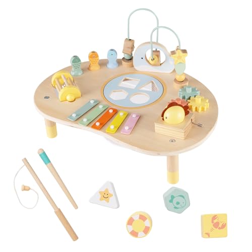 COSTWAY Activity Table for 1+ Year Old 7-in-1 Wooden Montessori Toy Busy Board with Bead Maze Fishing Game Xylophone Music Box Shape Sorter Toddler Sensory Learning Table for Boys Girls
