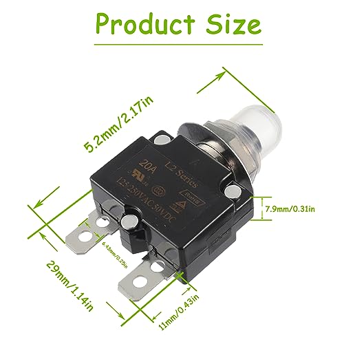 Eplzon EP-50VL2-20A Manual Reset Push Button Circuit Breaker 125/250V Ac 50V Dc Thermal Overload Protector thumb #1