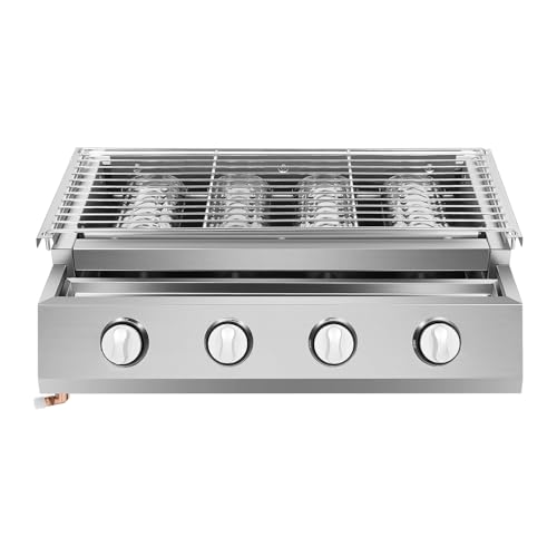 4-Flammen Gasgrill Edelstahl Gasbräter LPG Gastrobräter BBQ Tischgrill mit 4 Brenner Höhenverstellbar Abnehmbarer Gas Grill Rauchfreie Gasgrill Tragbar Gas Grill für Camping, Balkon, Garten