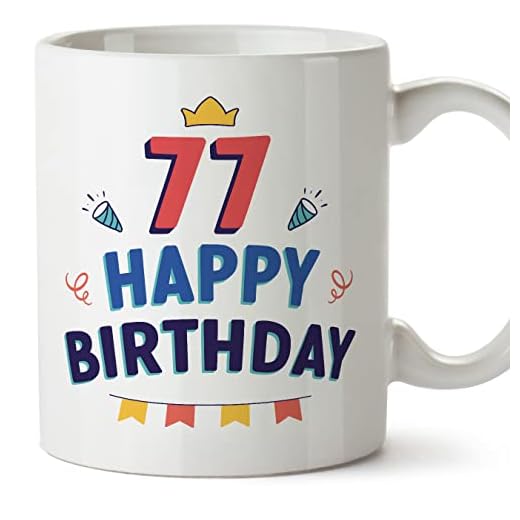 MUGFFINS Tazas 77 Cumpleaños - En Inglés - Happy Birthday! - 11 oz / 330 ml - Regalo original y divertido