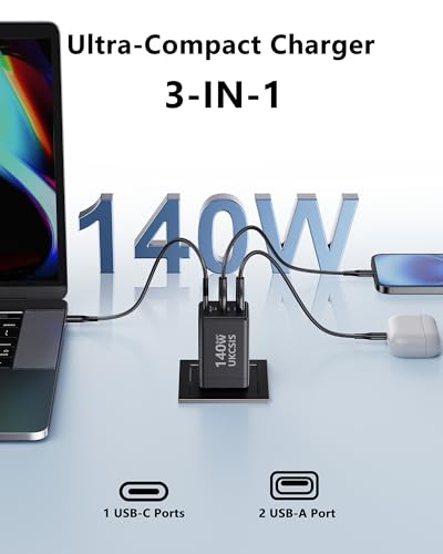 Image of 140W USB C Charger Block, Foldable 3-Port Multi-Device Fast Charger USB C Power Adapter for MacBook pro /Air, Dell, Samsung Galaxy, iPad Pro, and More (Black)