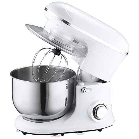HOMCOM 1200 W elektrisches Handmixer-Set 2-in-1 5,5 L-Rührschüssel Handrührer mit Schneebesen Knethaken Rührbesen 6 Geschwindigkeiten + Impuls-Modus inklusive 304 Stahl Weiß 37 x 23 x 37 cm Cover
