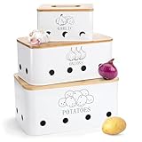 Nagpew 3 Pack Potato Onion Garlic Storage Set, Iron Vegetable Storage Bins with Holes Bamboo Lids, Stackable Kitchen Organization Container Storage Tin for Countertop Pantry