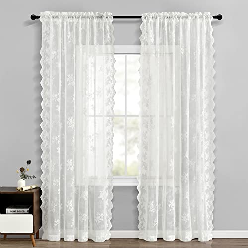 Finecity KUFWSW-429 Lace Curtains 63 Inch Length - Contemporary Striped Dots Rose Floral Lace Curtains For Girls Room, Scalloped Trim Ivory Lace Window Curtain Panels/Drapes thumb #1