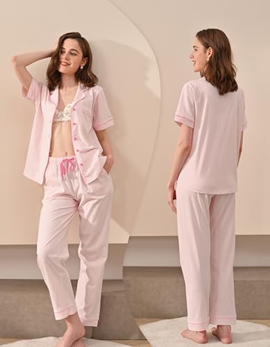 Image of NAP BOUND 100% Cotton Women's Pajama Sets Short Sleeve Button Down Soft Pjs 2 Piece Lounge Set with Pocket Nightwear XS-XXL