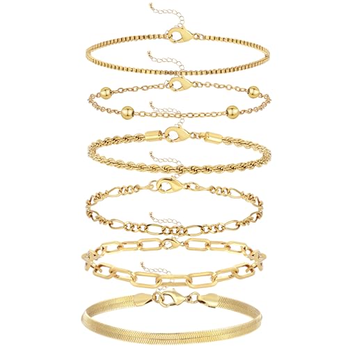 Wgoud Waterproof Gold Bracelets for Women Trendy, Dainty 14K Real Gold Plated Fashion Stackable Bracelet Sets for Women Thin Cuban Link Paperclip Chain Bracelets Layered Gold Jewelry Sets Gifts for Womens2