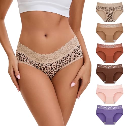 INNERSY Bragas Mujer Algodon con Encaje Braga Hipster Cintura Media Braguitas Cómodas y Suaves 6 Pack (M, 1 Leopardo/5 Colores Lisos)