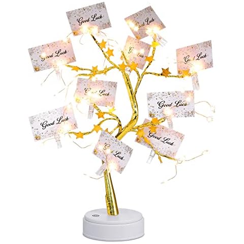 Coume Money Tree Gift Card Holder LED Birch Twig Tree Lights Tabletop Gold Silver Display Money Tree with 15 Clear Clips for Money Wedding Card Photo Birthday Card Holder(Star Style) Cover
