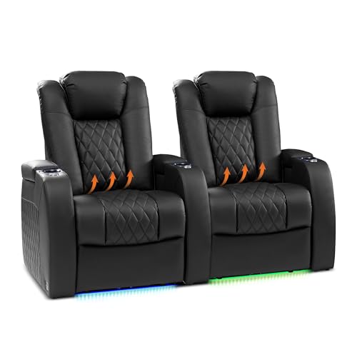 Weilianda Home Theater Seating, Top Grain Leather Zero Gravity Movie Seats Recliner Sofa, Reclining Gaming Couch with Power Lumbar 7 Colors Ambient Lighting USB C Charge Row of 2 Black