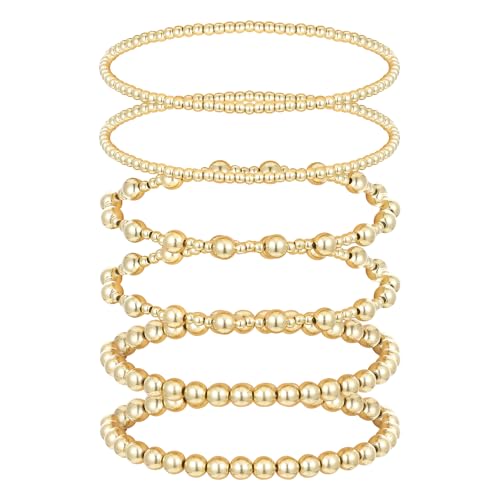 6Pcs Stackable Stretch Bracelets for Women, Adjustable Non Tarnish Gold Beaded Bangle Set, Round Ball Beads Layered Beaded Bracelets for Women Waterproof Jewelry, Trendy Gift 8.07 Inch
