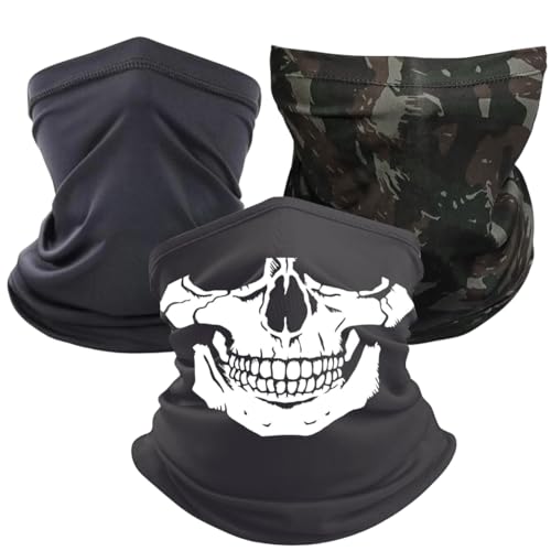 KIT Com Três Bandana Balaclava Tubular Diversas Cores e Padrões (Camuflado Exército, Caveira e Preto