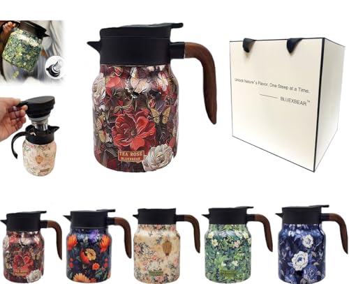 Seodon Vintage Floral Pattern Tea Thermos, Doresty Thermos Tea Pot, Vintage Floral Pattern Tea-Built-In Infuser, Stainless Steel Thermal Carafe with Lid for Hot Drinks (Red, Wooden handle)