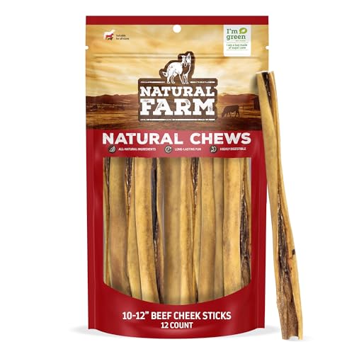 Natural Farm Bully Cheek Stick, 10-12 Inch (12-Pack)- Best Bully Stick Alternative, 100% Natural Beef Cheeks for Dogs- High Protein, Cleans Teeth Treats, Long Lasting Beef Chews for All Dog Sizes