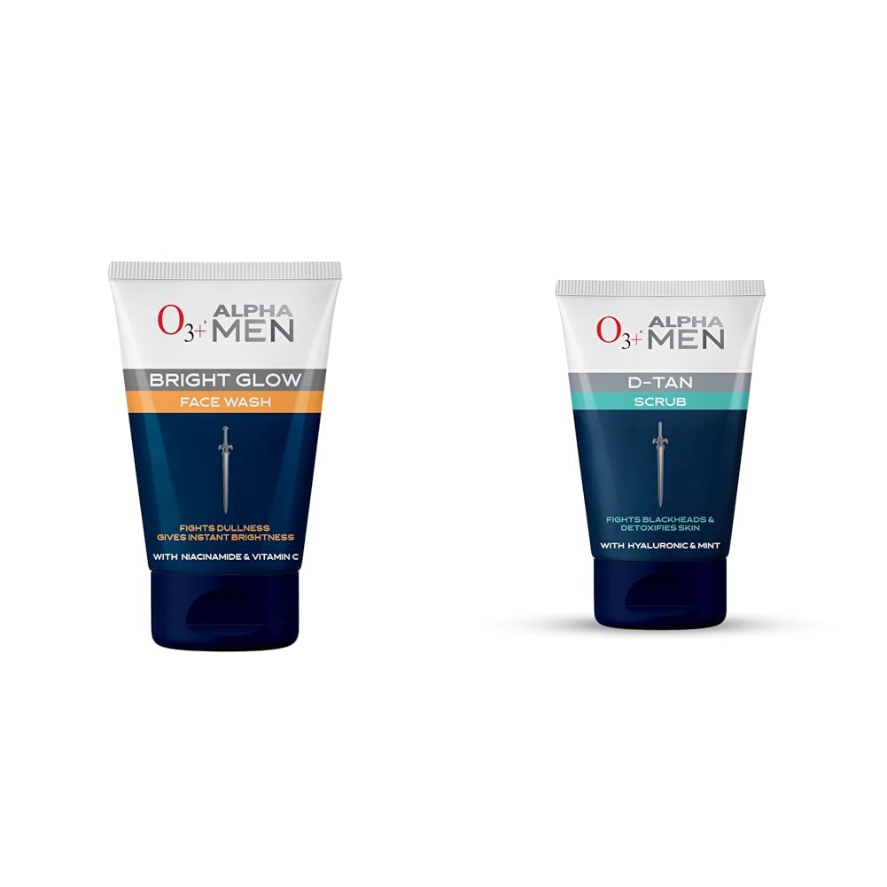 O3+ ALPHA MEN Bright Glow Face Wash 100g & O3+ ALPHA MEN Acno D-TAN Scrub With Hyaluronic & Mint 50ml - Detan Scrub for TAN removal | Fights Blackheads & Detoxifies Skin-image-27