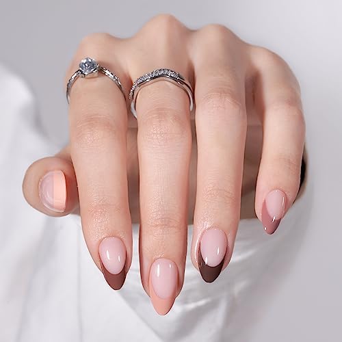 Almond Press On Nails - BTArtbox French Tip Press On Nails, Supremely Fit & Natural Glue On Nails with Nail Glue, Reusable Stick On Nails in 15 Sizes - 30 Fall Soft Gel Fake Nails Kit, Morning Coffee
