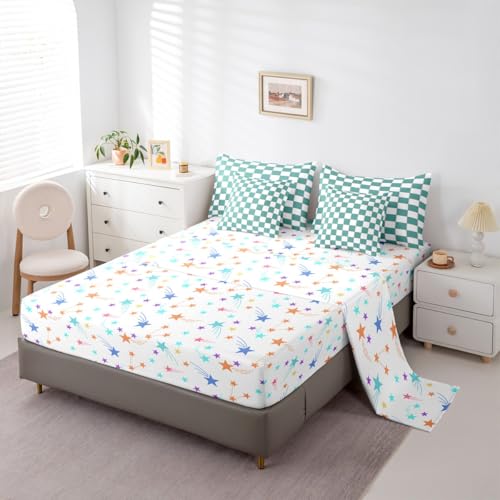 Image of Erosebridal Girls Teal Bedding Set King Turquoise Checkered Comforter Set with Sheets 7 Piece for Kids Teen Women,Geometric Grids Plaid Bed in A Bag Bedroom Decor,Gingham Bed Sets